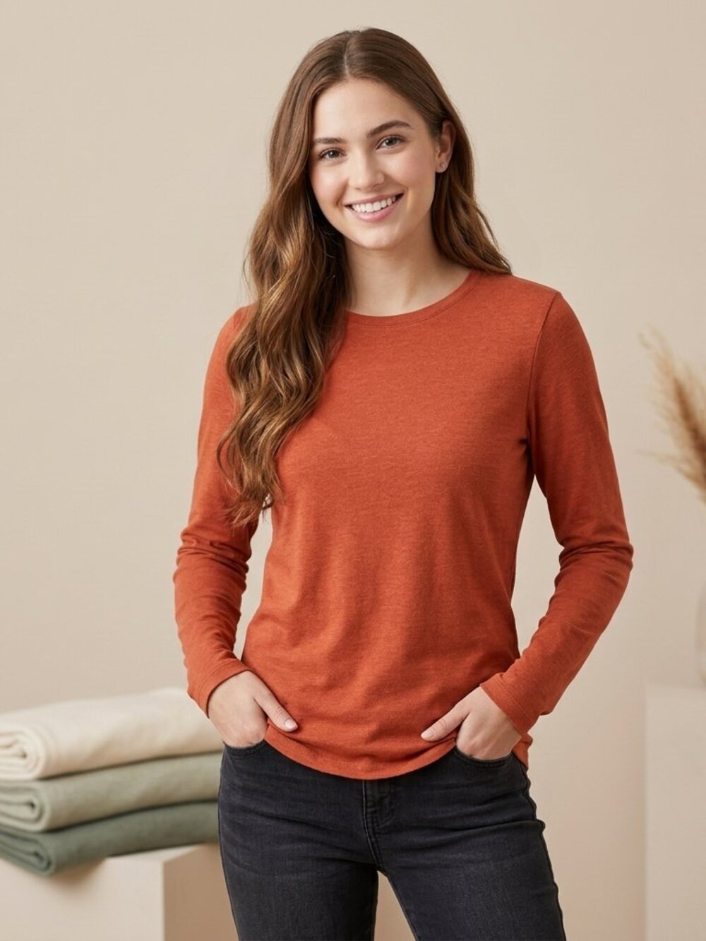 New Directions Style Essentials Women's Medium Orange Long Sleeve T-Shirt Cotton